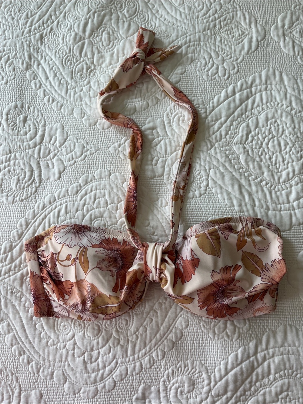 Shade & Shore Cream Bandeau Halter Bikini Top with Floral Print